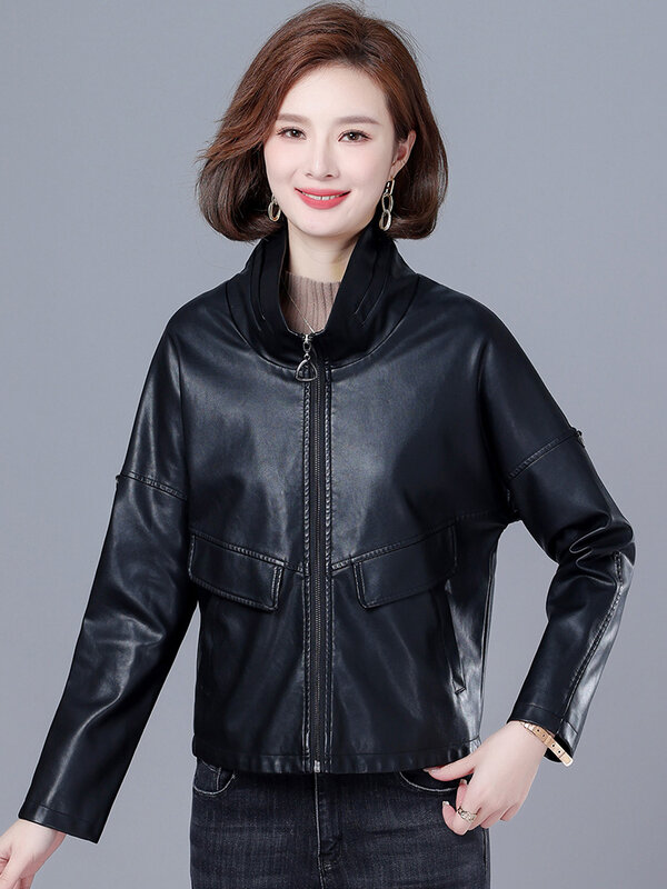New Women Leather Jacket Spring Autumn Fashion Stand Collar Casual Loose Split Leather Outerwear Short Sheepskin Streetwear