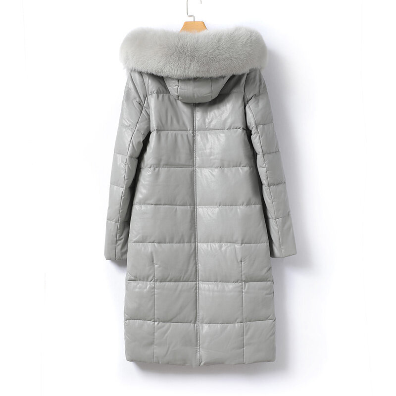 2023 Winter Duck Down Coat Women 100% Real Sheepskin Leather Jackets Hooded Warm Fox Fur Collar Coats Mid-length Puffer Jacket