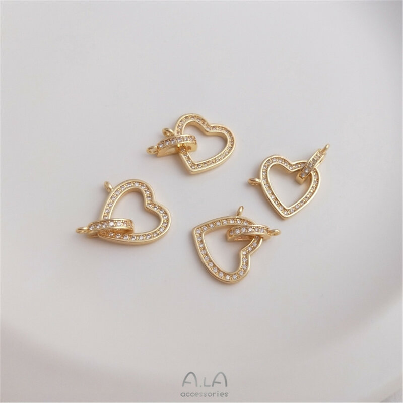 Fibbia per gioielli a forma di cuore di pesca fibbia per perle a forma di cuore con Micro zirconi intarsiati riempiti d'oro 14K doppio ciondolo fibbia di collegamento fai da te