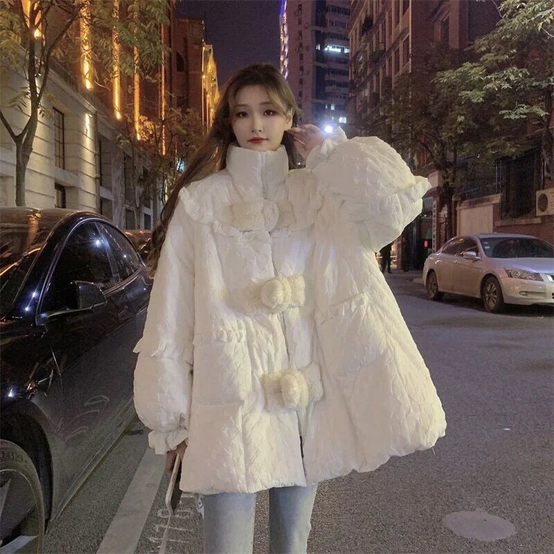 Abrigo de algodón para mujer, abrigo grueso y holgado, de color blanco, con diseño pequeño, novedad de invierno, 2023