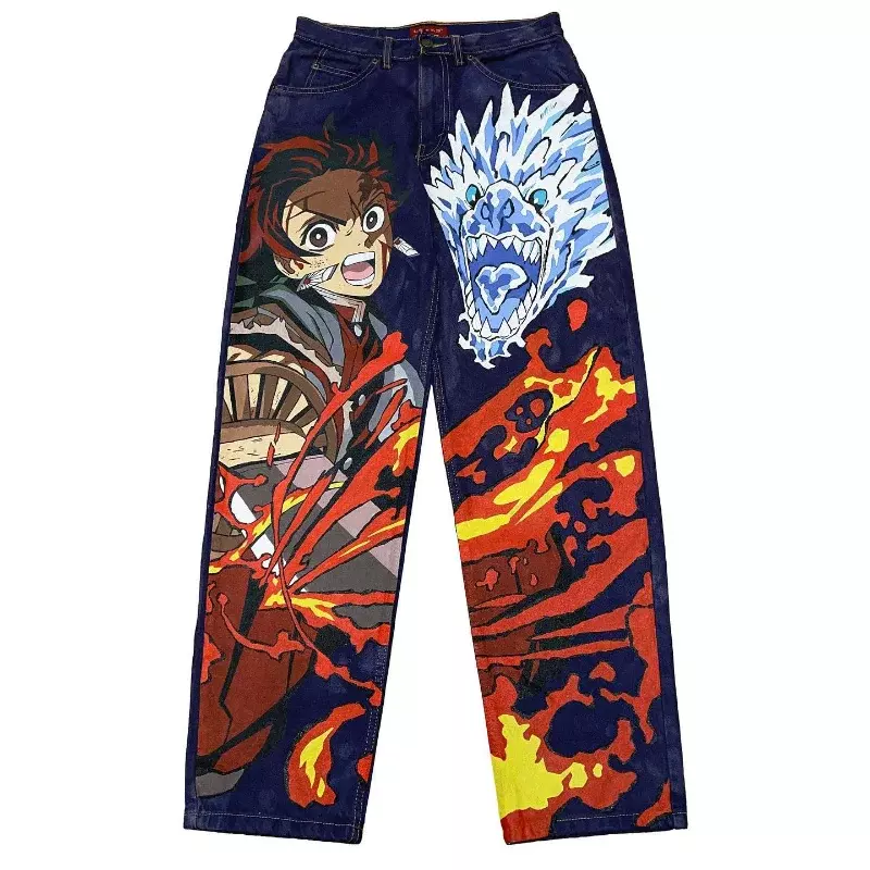 Y2K jeans longgar Harajuku pria wanita, celana jeans kaki lebar motif Anime vintage, pakaian jalanan Hip Hop Gotik kasual