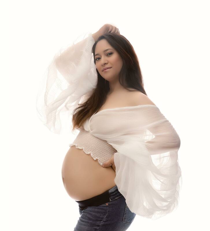 อุปกรณ์เสริมอุปกรณ์ถ่ายภาพการตั้งครรภ์จับจีบของผู้หญิงพับแขนพัฟเสื้อสตรีมีครรภ์หลวม