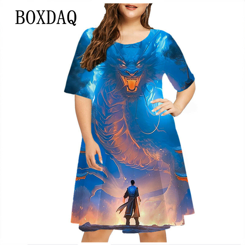 New 2023 Summer Dresses Women 3D Dragon Pattern Print Dress Fashion Loose Short Sleeve Party Dress Plus Size Casual Sundress