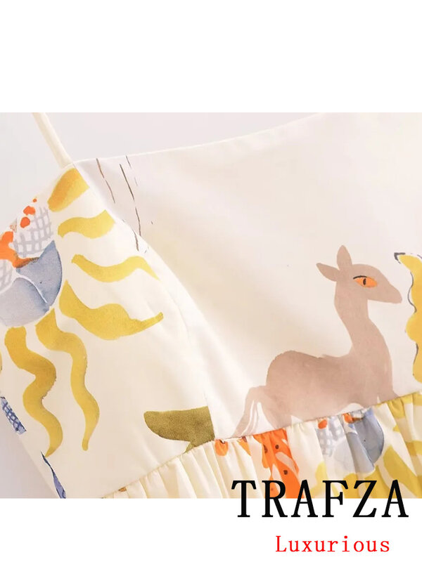 TRAFZA-Vestido vintage sem mangas estampado em flor para mulheres, cami vestido de baile, zíper, vestido Boho Beach, moda verão, 2024