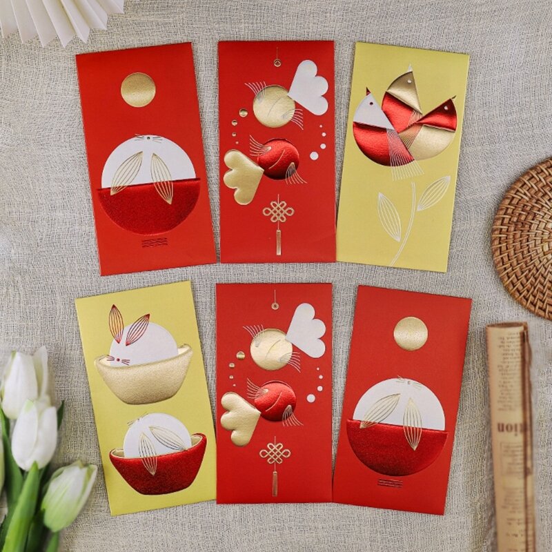 6шт Красные конверты Милый кролик Хунбао 2023 Новогодний весенний фестиваль Денежный мешок