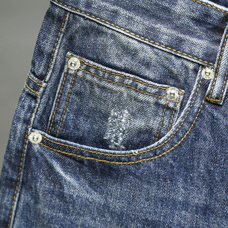 Джинсы мужские с широкими штанинами, мешковатые брюки-султанки в стиле хип-хоп, свободные хлопковые рваные укороченные джинсы в стиле пэчворк, темно-синие