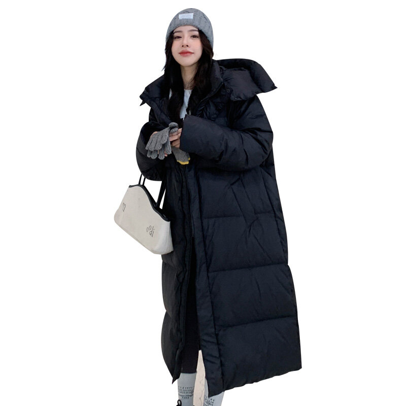 Mantel panjang lurus wanita, Luaran parka berkerudung kasual warna polos, pakaian musim dingin