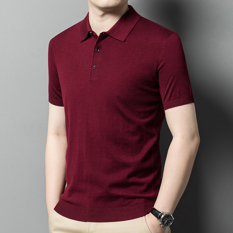 Camisa polo masculina de manga curta, top de lã, cor sólida, gola polo, suéter de malha, camiseta macia, casual