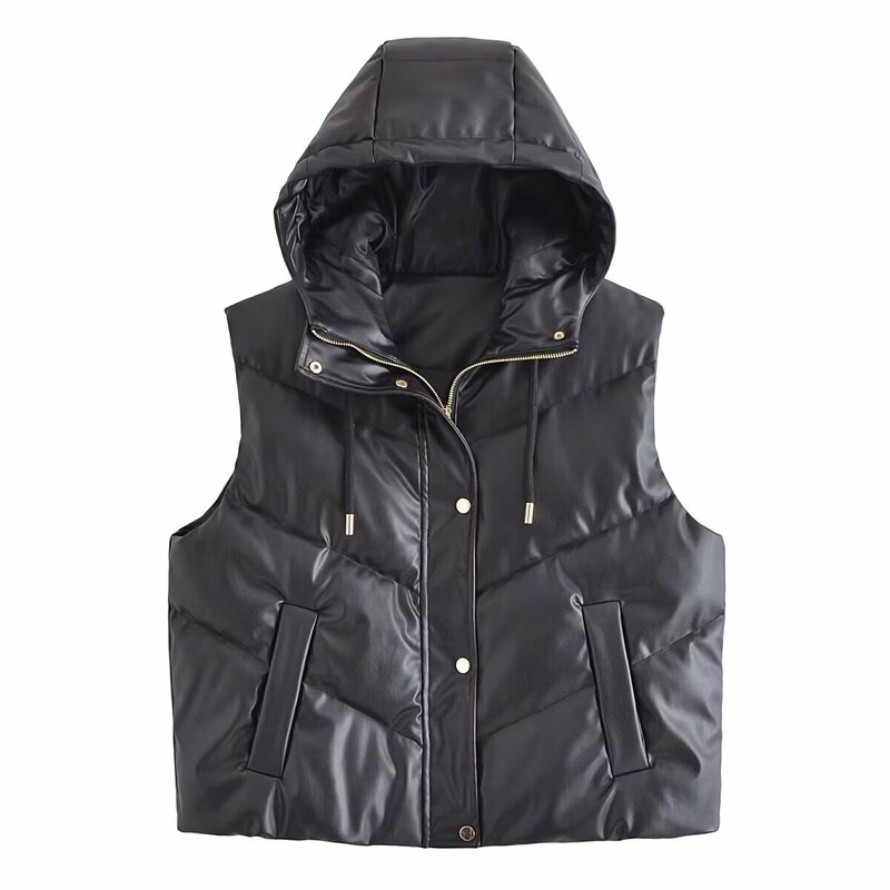 Women New Fashion Loose Warm Hooded Faux leather Vest Coat Vintage Sleeveless Side Pockets Zipper Female Waistcoat Chic Tops