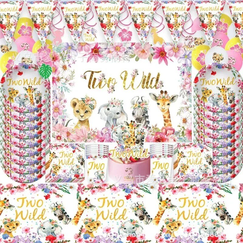 Pink wild two girls 20 ° cumpleaños, platos de fiesta, taza, mantel, globos, decoración, Safari, jungla