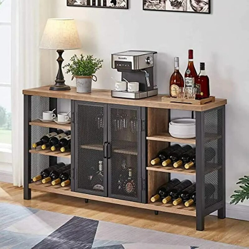 FATORRI Industrial Wine Bar Cabinet for Liquor and Glasses, Farmhouse Wood Coffee Bar Cabinet with Wine Rack