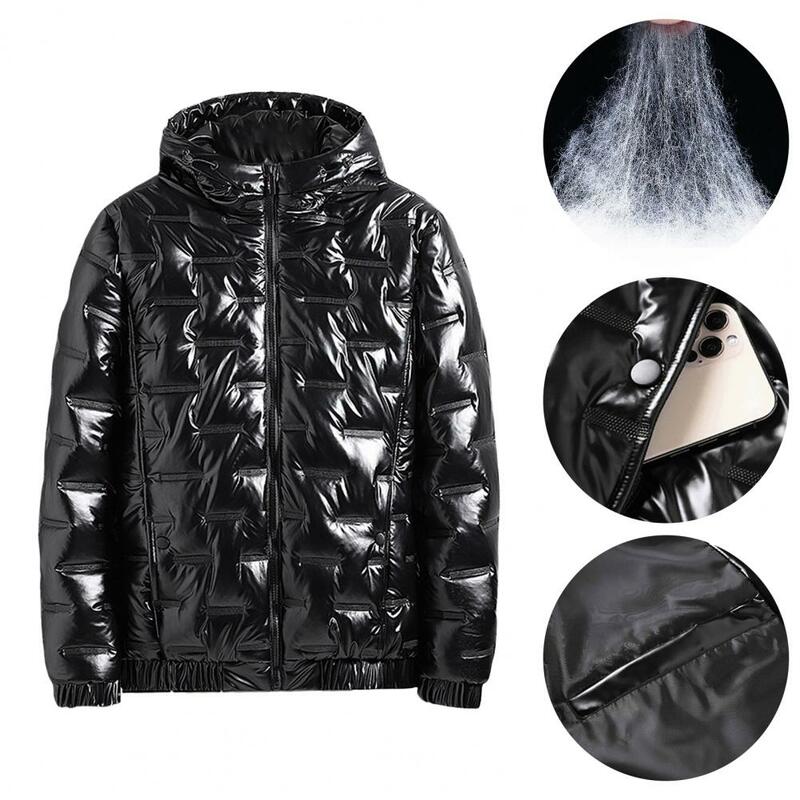 男性用の明るい表面が付いたフード付きジャケット,厚くてふわふわの防風性のあるコットンジャケット,キルティングウインドブレーカー