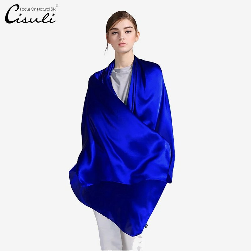 100% lenço de cetim de seda amoreira seda pura mulher xale longo 55x180cm cor sólida azul real 11