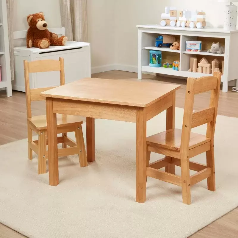 Solid Wood Table and 2 Chairs Set - Light Finish Furniture for Playroom, Blonde/ White
