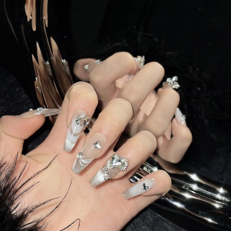 Starry Handmade Nails Press on Full Cover Manicuree Heart Diamond False Nails Wearable Artificial With Tool Kit
