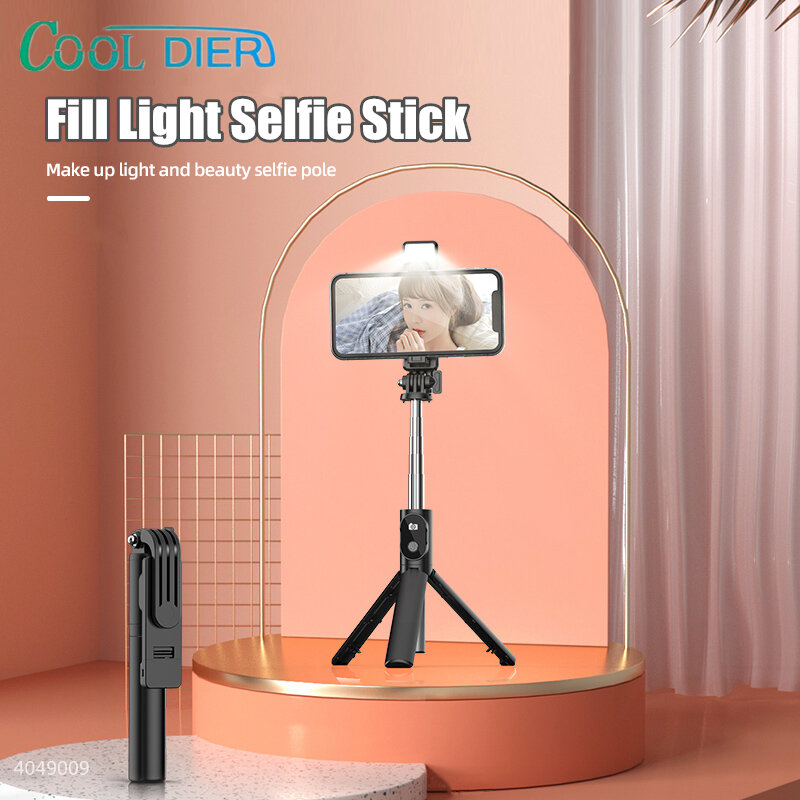 COOL DIER Foldable Wireless Selfie Stick Tripod with Bluetooth Shutter Fill Light Monopod for Phone Live Broadcast Bracket