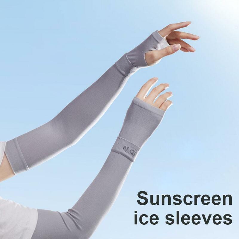 ถุงมือผ้าไหมน้ำแข็งป้องกันรังสียูวีบางป้องกันแสงแดดถุงมือยาวแบบไม่มีนิ้วแขนเย็นป้องกันแขนสีทึบ