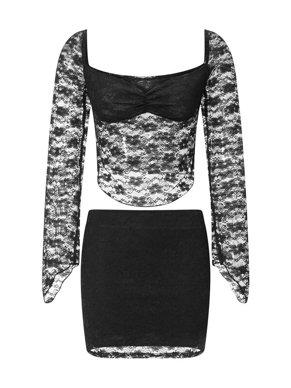 Women s 2 Piece Skirt Outfits Y2k Floral Mesh Lace Long Sleeve Top Bodycon Mini Skirt Set Sexy Party Club Outfit