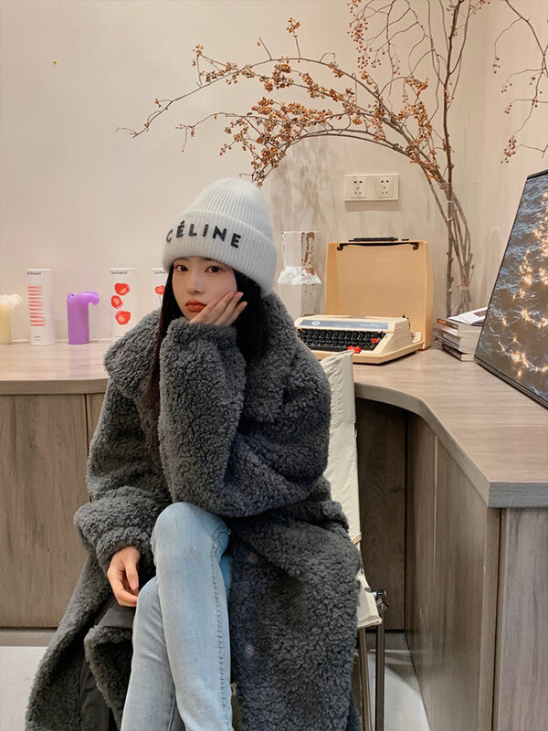 Fur Overcoat Coat Women's Long Sleeve Large Lapel Simple Mid-Length Wool Woven Basic Color All-Match Loose Thick Warm SoftWinter