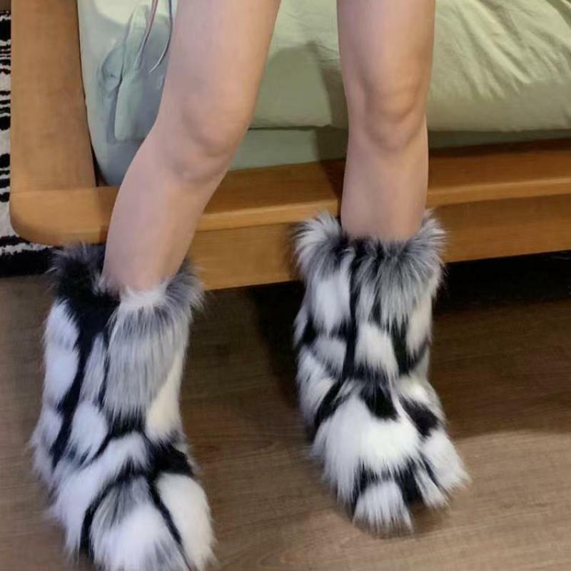Botas de piel de zorro sintética esponjosa para mujer, botas de nieve cálidas de felpa, calzado de lujo para niña, moda de invierno
