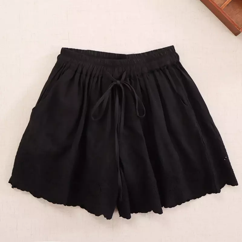 Pantalones cortos japoneses Mori para mujer, Shorts con bordado calado, cintura elástica, Color sólido, informales, holgados, pierna ancha, Verano