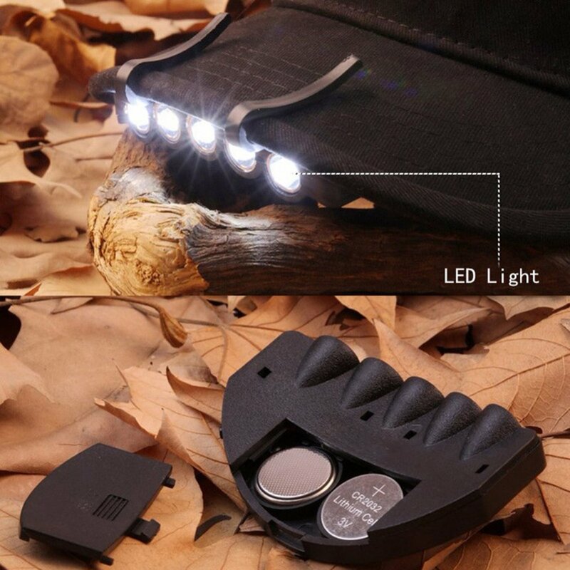 Mini 5-led tampa luz farol com bateria cabeça lanterna cabeça boné chapéu clipe de luz na noite luzes de pesca