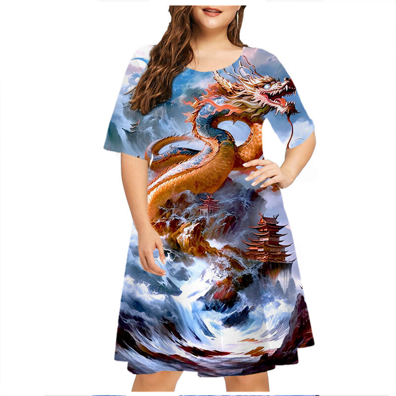 Vestido estampado dragão 3D feminino, vestido de festa manga curta, vestido de verão casual, solto, plus size, moda verão, novo, 2023