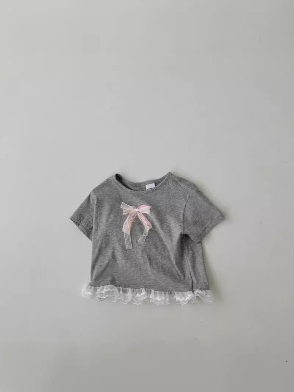 여아용 귀여운 활 반팔 코튼 티셔츠, 귀여운 레이스 패션 티, 유아 캐주얼 상의, 2024 여름 신상