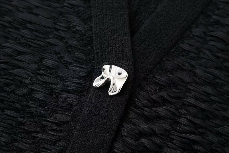 Casaco de malha de manga curta feminino, botões florais, textura com decote em V, top chique retrô, nova moda, 2024