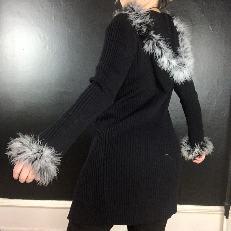 Veste en fourrure à capuche pour femme, cardigan sexy, bande de fosse noire, tempérament tricoté à lacets, mode décontractée, automne et hiver