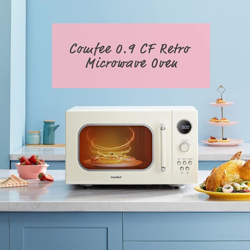 Microwave Retro dengan memasak multi-tahap, 9 menu Preset dan Timer dapur, fungsi bisu, Mode ECO, tampilan digital LED, 900W