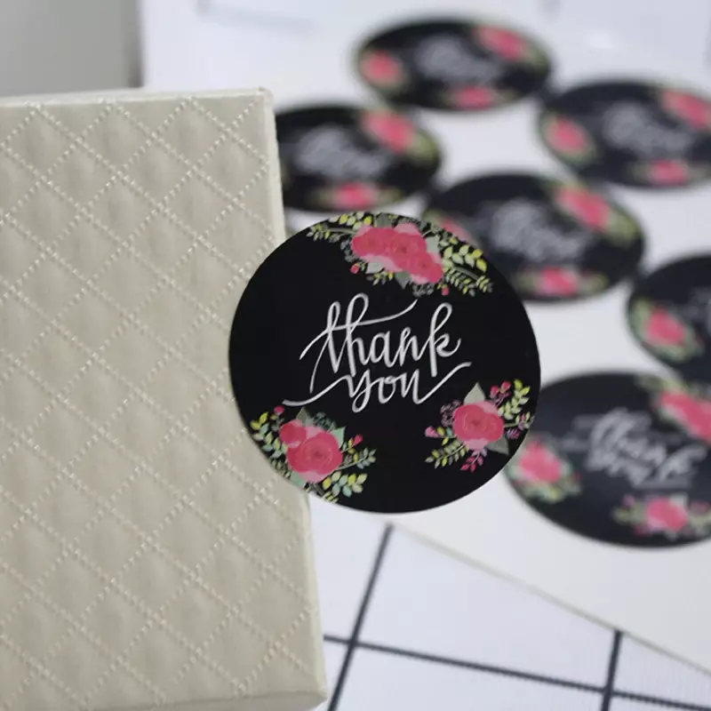 120 buah/pak stiker penyegel kue Kraft perekat Label bulat bunga Terima kasih hitam modis untuk hadiah