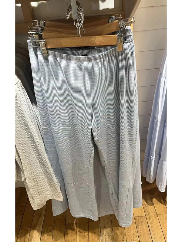 Nowe niebieskie paski bawełniane spodnie od piżamy damskie w stylu Vintage wysoki stan luźne proste spodnie lato słodkie codzienne długie spodnie do domu Y2k