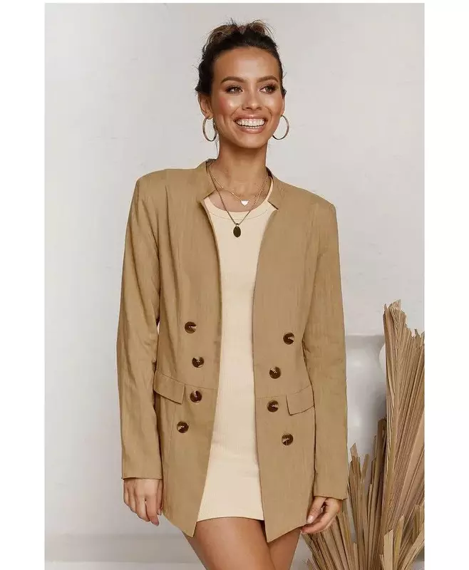 Frauen einfarbig braun Jacke Blazer Zweireiher Anzug neue Mode Büro Knopf Dekoration lässig Pendel blazer