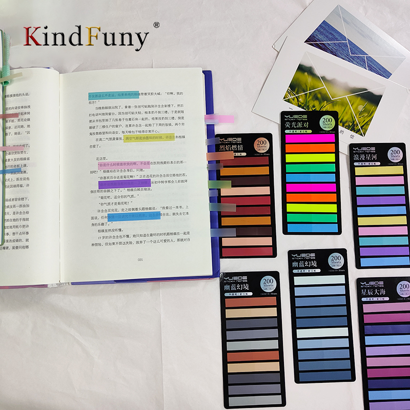 KindFuny Rainbow Long Index Stickers 1600 Sheets Fluorescent PET Waterproof Color Note Marking Key Semi Transparent Sticky Notes