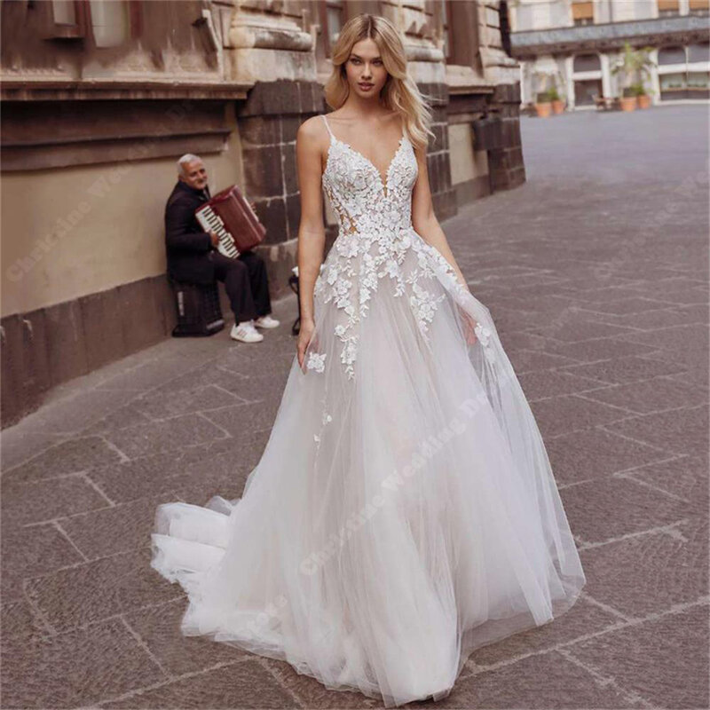 Luxury Lace Flower Print Wedding Dresses Appliques Sleeveless Spaghetti Strap Tulle Bridal Gowns New Backless Solid Bride Robes