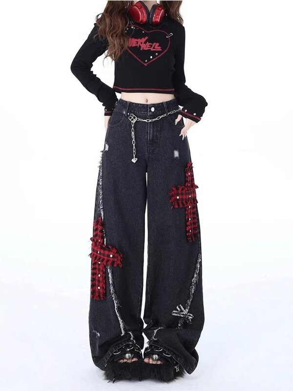 Джинсы HOUZHOU Y2k Женские Мешковатые, готические винтажные брюки из денима в японском стиле, корейская мода, уличная одежда в стиле Харадзюку, панк, Gyaru