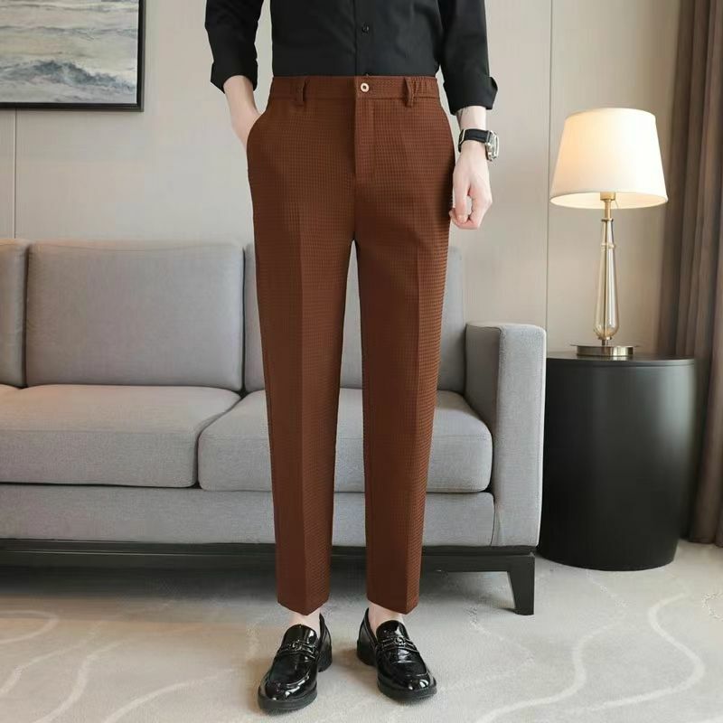 Smart Casual Men Solid Color Suit Pants Spring Summer Thin Streetwear Fashion Waffle Business New Coffee Khaki Straight Trousers