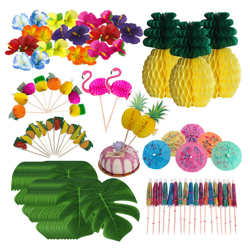 99 Buah Kit Dekorasi Pesta Tropis Hawaii dengan Bunga Kembang Sepatu Sutra Nanas Daun Palem Payung Mini Toppers Cupcake