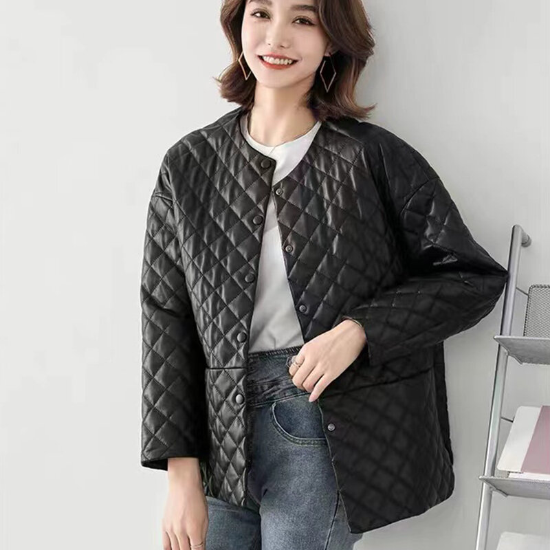 Women Clothing Real Sheepskin Coat Check Clip Cotton O-Neck Single Breasted Profile Doudoune Femme Korean  Long Sleeve Ceket