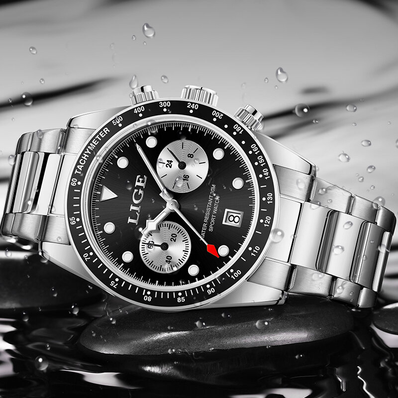 LIGE-Relógio de quartzo de luxo masculino, marca de topo, negócios, casual, esporte, inoxidável, impermeável, cronógrafo, relógio de pulso luminoso