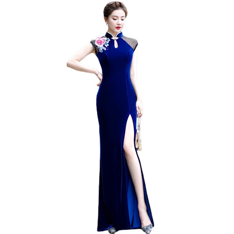 Женское бархатное платье-Ципао, Элегантное Длинное Платье в стиле ретро из модала, платье с разрезом и юбкой-годе, модель 5XL
