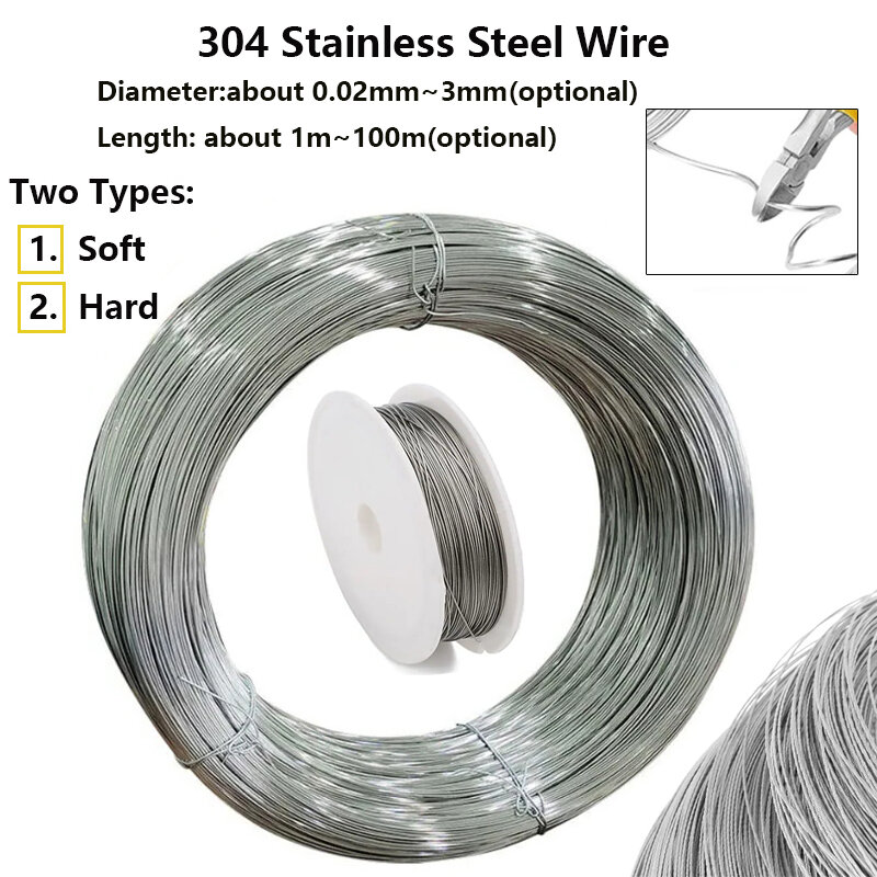 304 fio macio e duro de aço inoxidável, amarração da única vertente, fio do ferro, Rustproof, 0.02mm-3mm diâmetro, 100 m-1 m