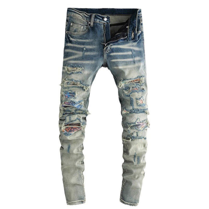 Główna ulica modne dżinsy męskie Retro sprany niebieski Stretch chudy krój porwane jeansy mężczyzn łatany projektant Hip Hop markowe spodnie Hombre