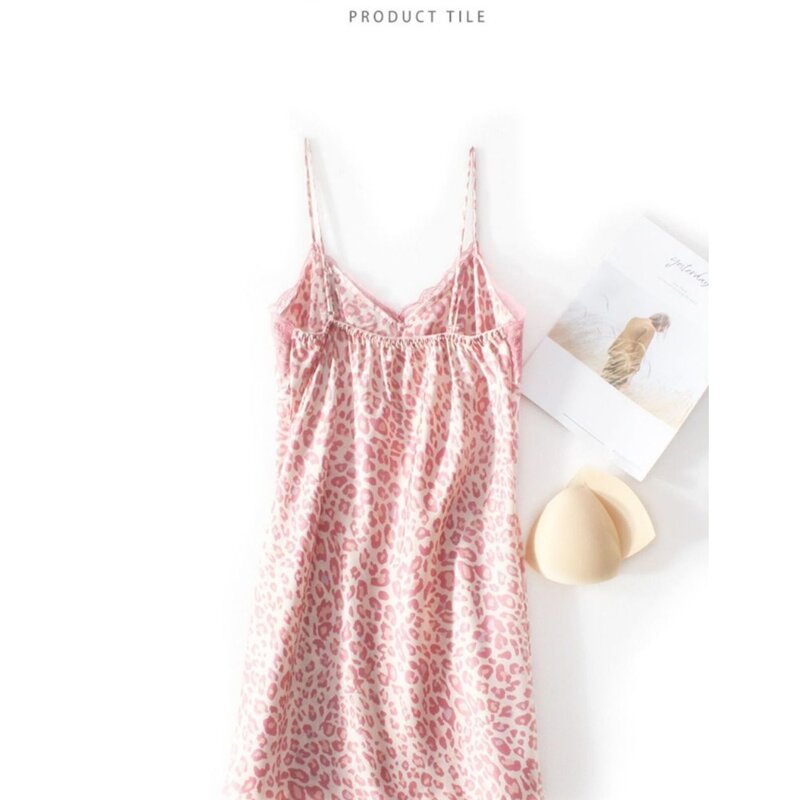 여성용 핑크 레오파드 무늬 슬링, 얇은 파자마 스커트, 섹시한 레이스 프린트 홈 의류, 새로운 패션, 여름