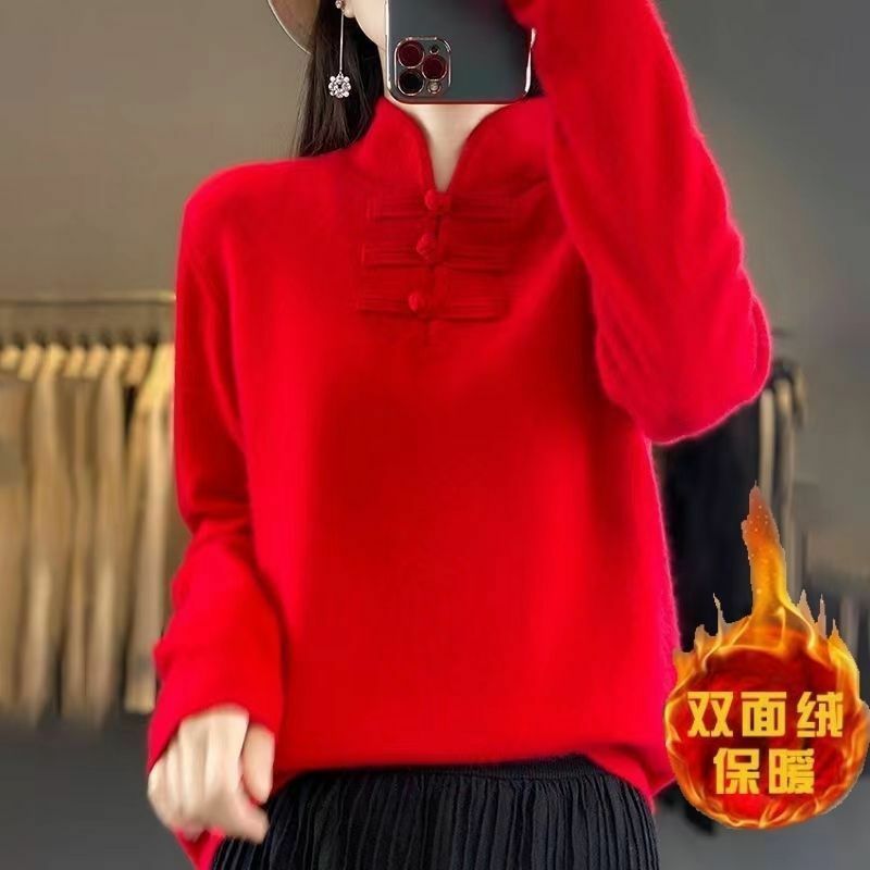 Wanita musim gugur dan musim dingin baru setengah tinggi leher longgar warna Solid mode gaya Cina Qipao Retro Pan kancing atasan lengan panjang