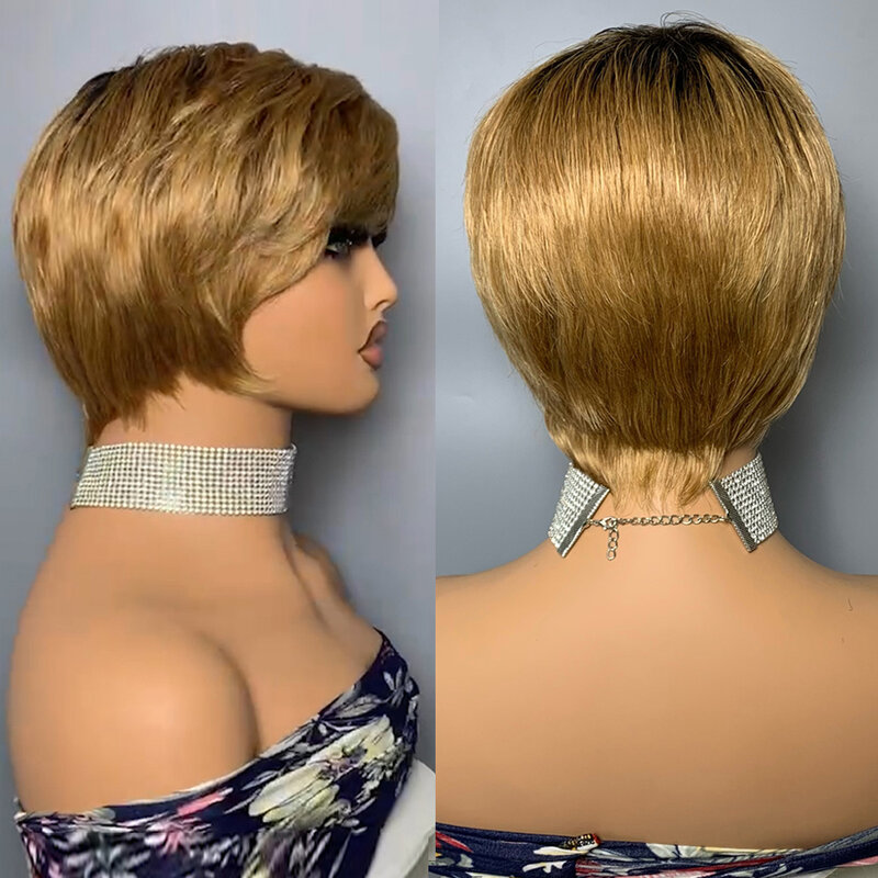 Pelucas de cabello humano brasileño para mujer, pelo corto recto con corte Pixie, hecho a máquina, sin encaje, T2/27B #