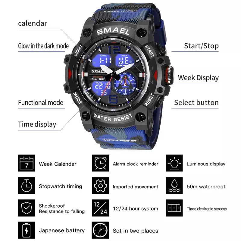 SMAEL 남성용 스포츠 시계, 카모 시계 밴드, 디지털 듀얼 쿼츠 손목시계, 디지털 LED 패션 스톱워치 알람, 밀리터리 시계