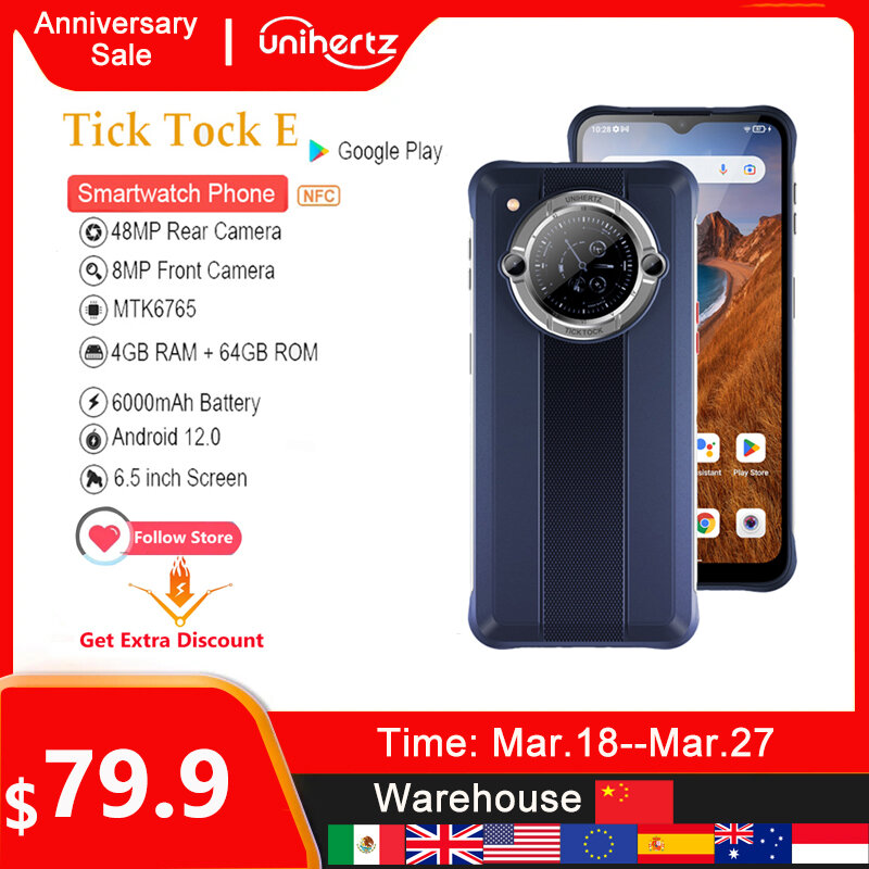 Unihertz-Ticktock E 6000mAh 배터리 6.5 인치 화면 스마트폰, 안드로이드 12, 잠금 해제, 4GB 64GB 20W, 고속 충전, 듀얼 스크린 핸드폰
