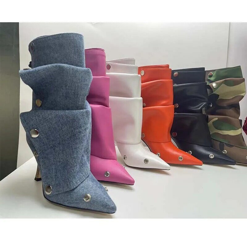Wrinkled Metal Buttons Spliced Denim Boots 2024 Women Fashion Show Folding Mid-calf Boots 34-43 Auto Show Model Fashion Boot